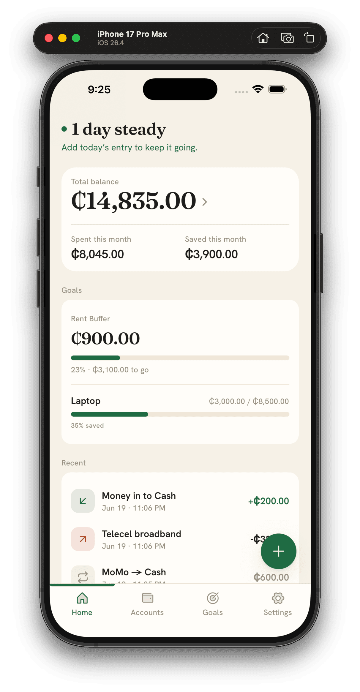 Steady home screen: a running balance with recent Mobile Money and bank transactions captured automatically.